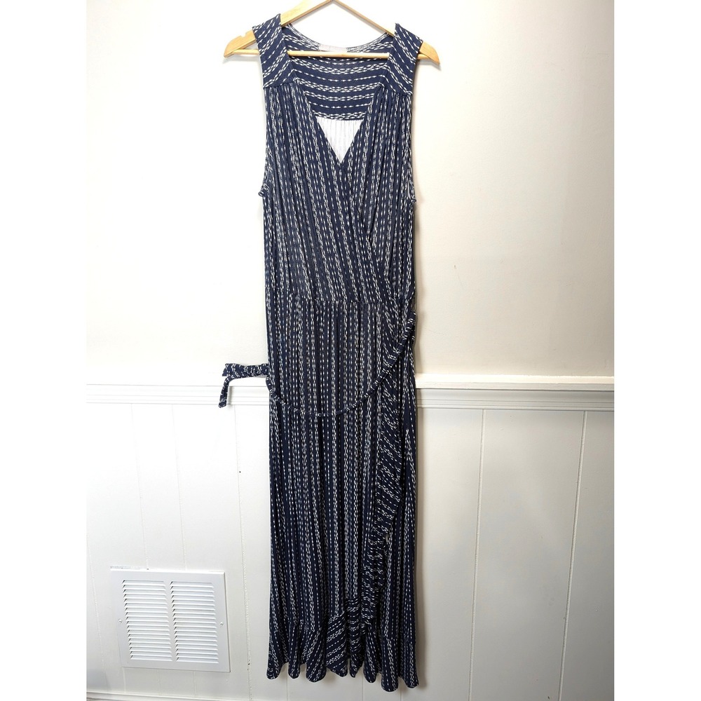 Loveappella Navy Blue White Dash Print Wrap Maxi Dress Sleeveless Ruffle Hem L